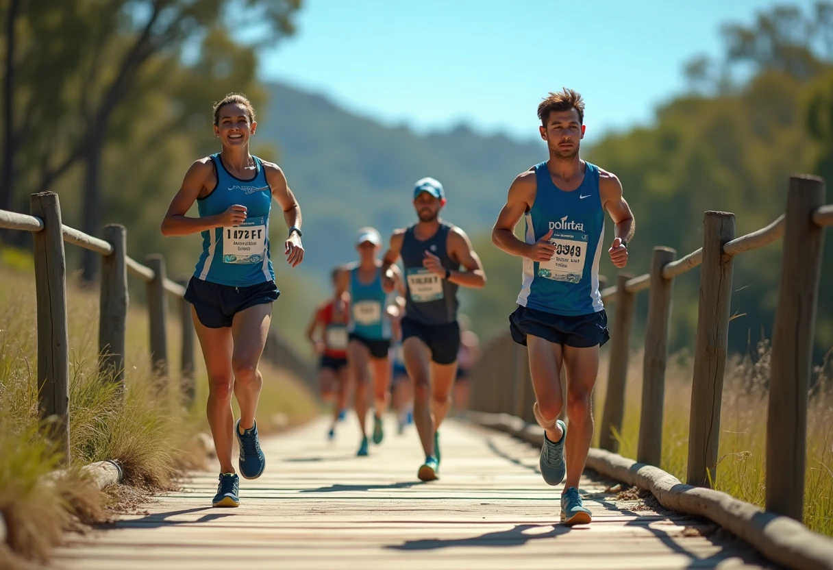 Trail runners on a scenic bridge