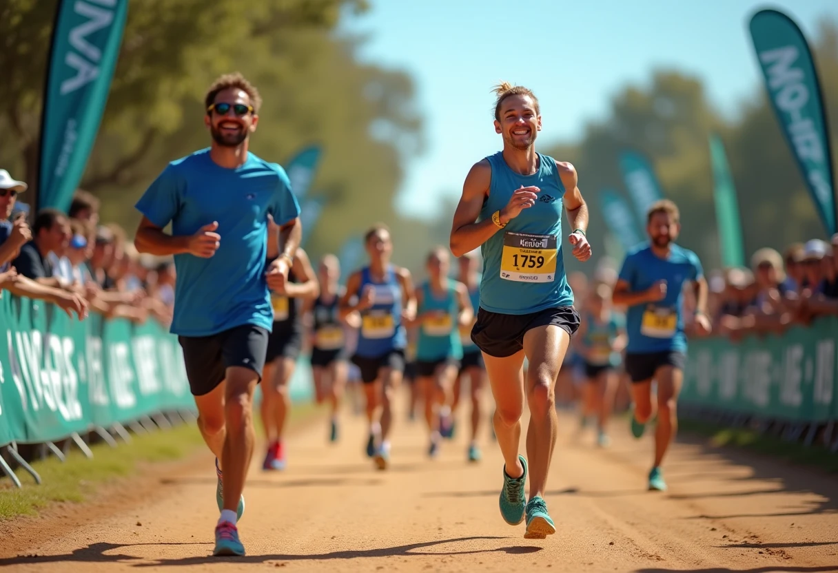Trail runners at a scenic start line